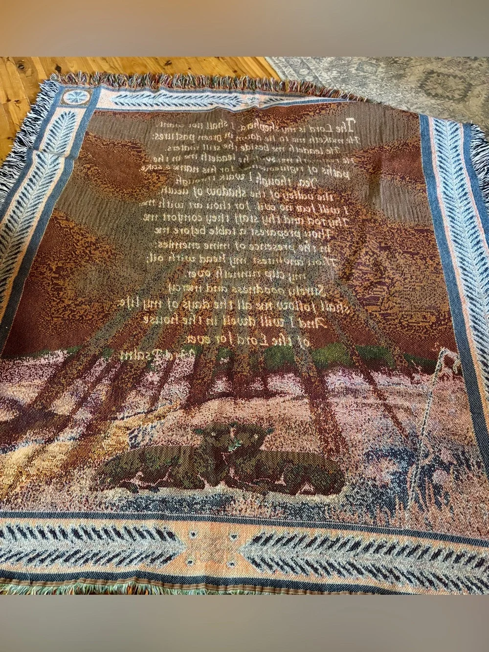 Heavenly Pasture 23rd Psalm Tapestry Afghan 50x60 Cotton Shepherd Sheep Motif